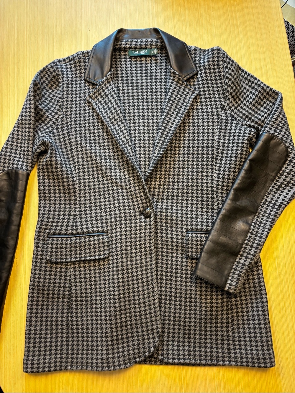 Lauren Ralph Lauren VTG Houndstooth Blazer Faux Leather Elbow Patches Trim Sz L